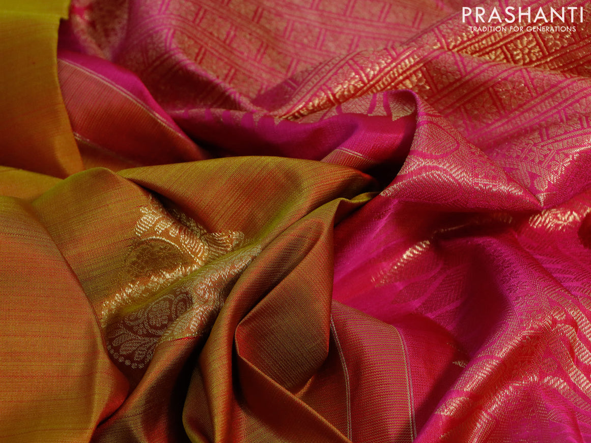 Pure kanjivaram silk saree dual shade of mustard and pink with zari woven buttas and zari woven border