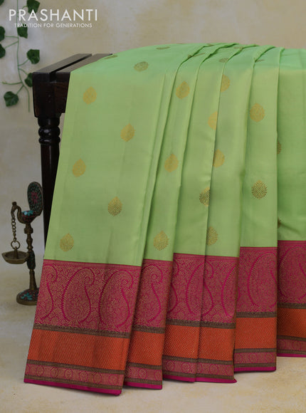 Pure kanjivaram silk saree pista green and pink with zari woven buttas and paisley design zari woven border