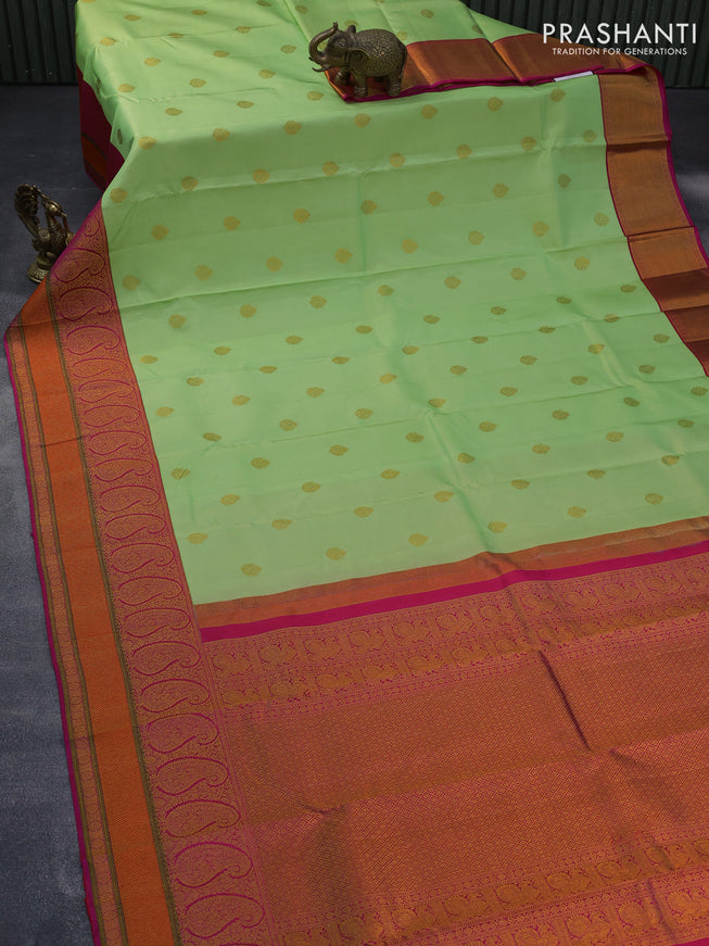 Pure kanjivaram silk saree pista green and pink with zari woven buttas and paisley design zari woven border