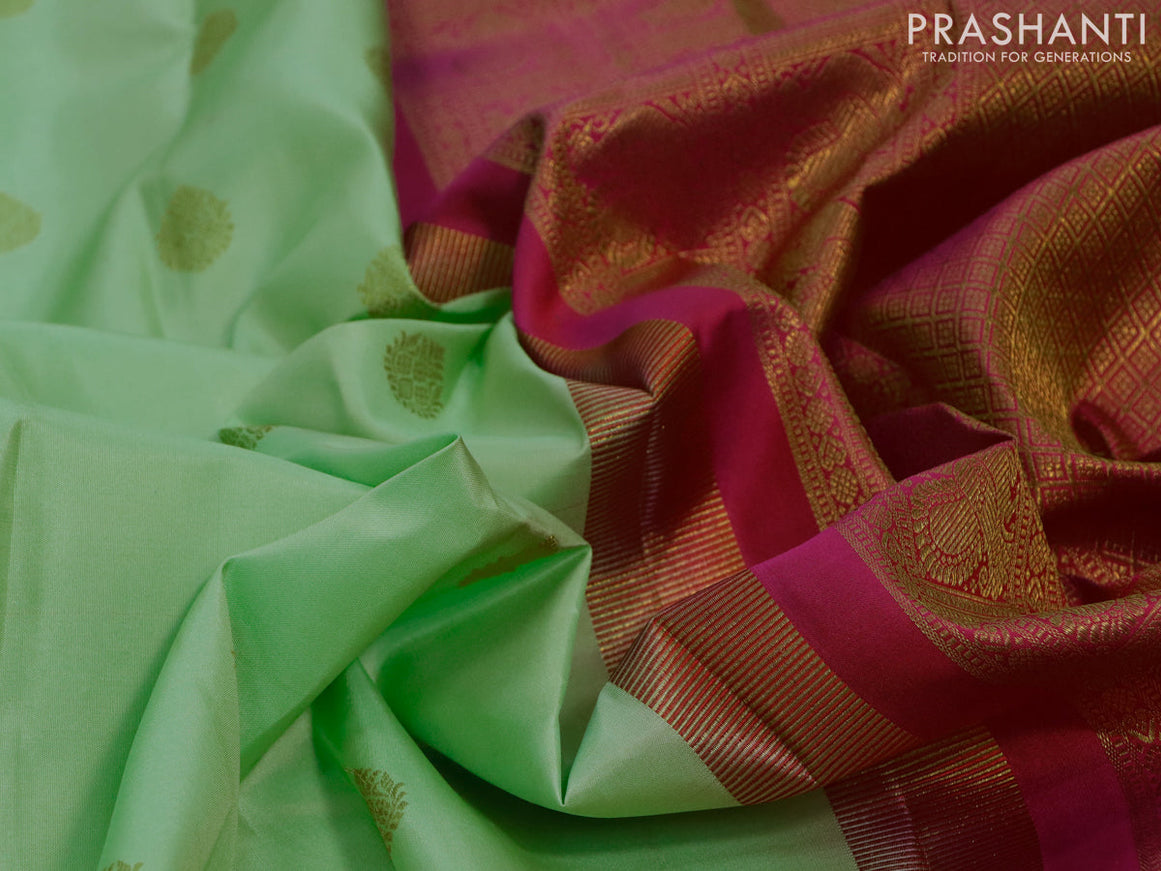 Pure kanjivaram silk saree pista green and pink with zari woven buttas and paisley design zari woven border