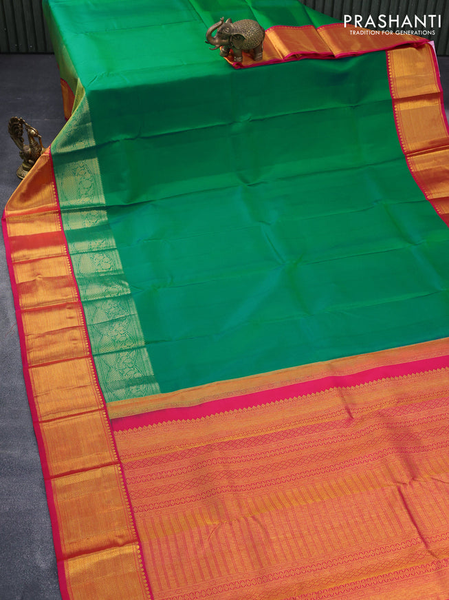 Pure kanjivaram silk saree green and pink with plain body and zari woven border