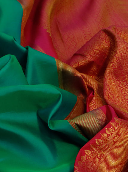 Pure kanjivaram silk saree green and pink with plain body and zari woven border