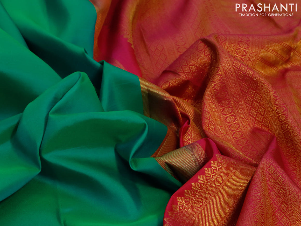 Pure kanjivaram silk saree green and pink with plain body and zari woven border