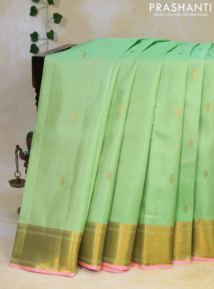 Pure kanjivaram silk saree teal green and peach pink with zari woven buttas and zari woven border