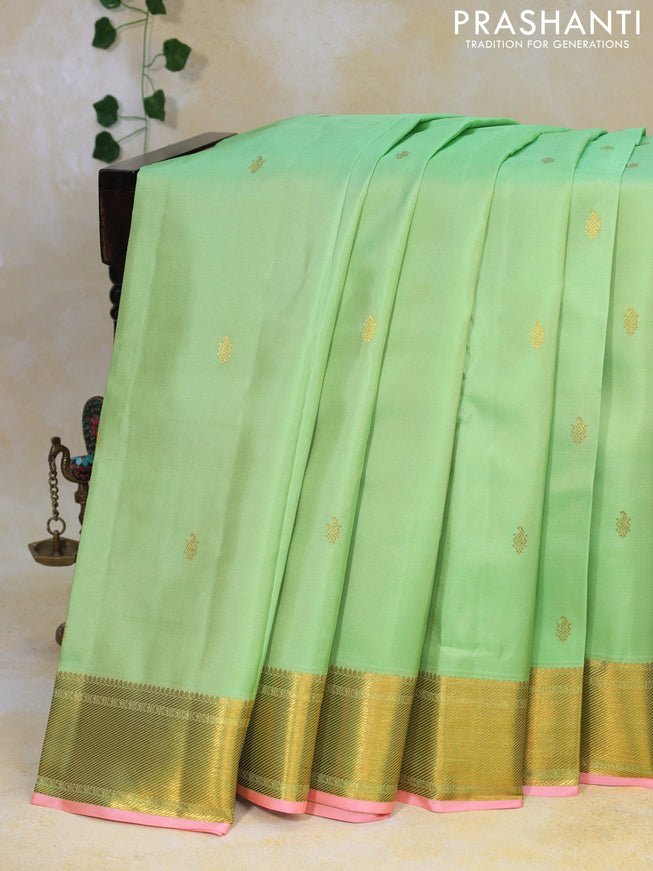 Pure kanjivaram silk saree teal green and peach pink with zari woven buttas and zari woven border