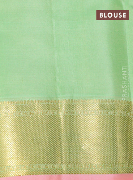 Pure kanjivaram silk saree teal green and peach pink with zari woven buttas and zari woven border