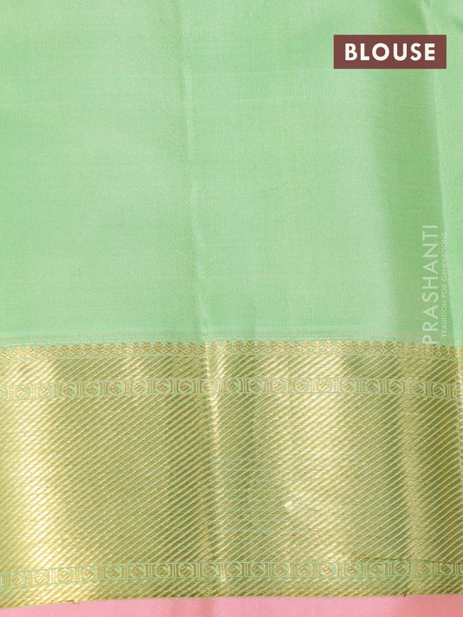 Pure kanjivaram silk saree teal green and peach pink with zari woven buttas and zari woven border