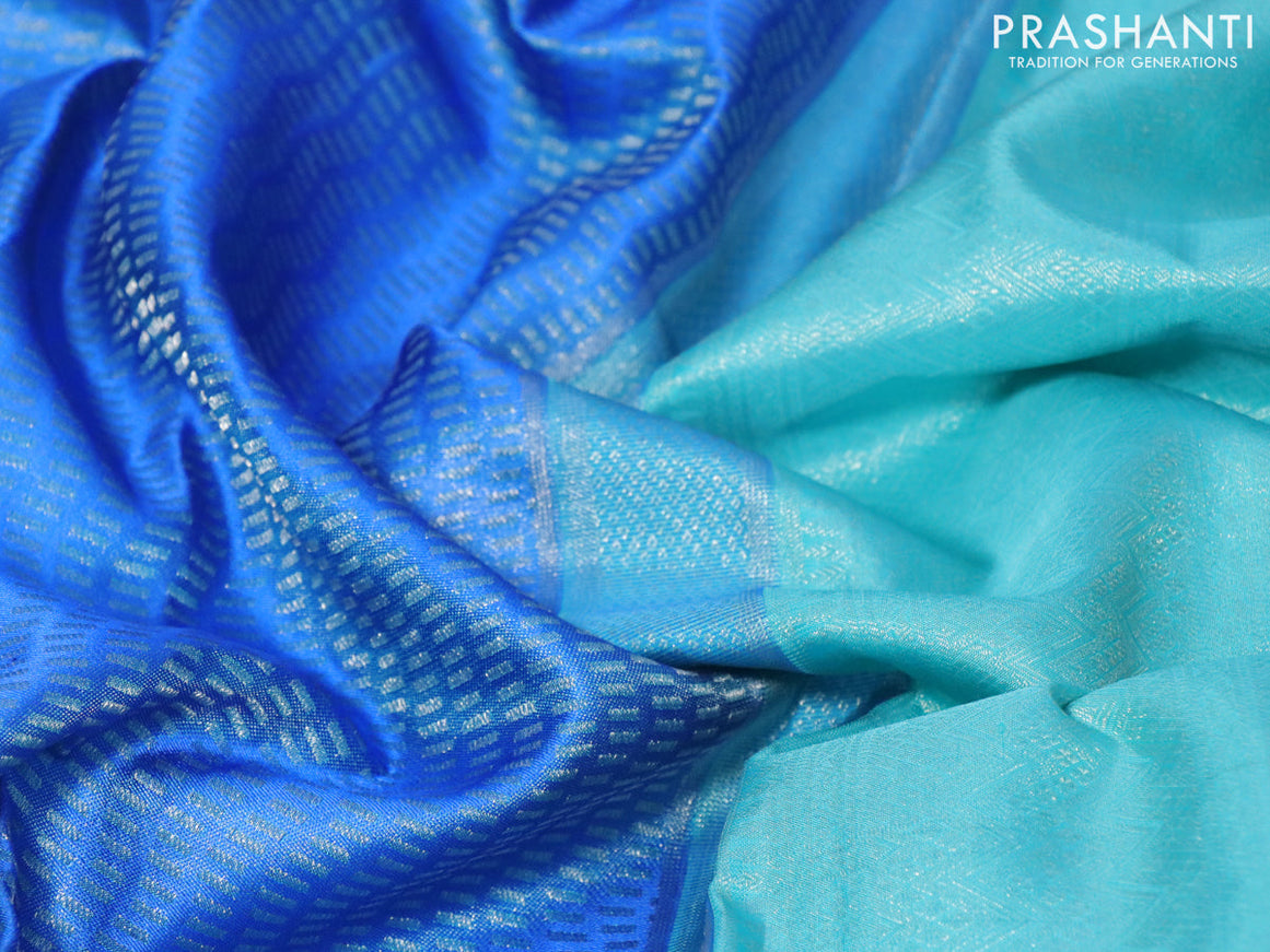 Pure kanjivaram silk saree blue and teal blue shade with allover silver zari woven brocade weaves and silver zari woven border