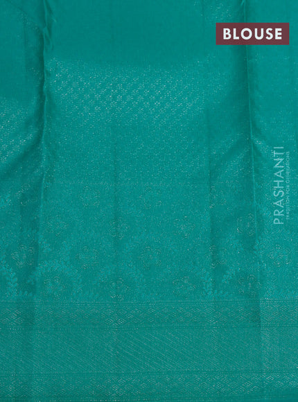 Pure kanjivaram tissue silk saree dual shade of peach and teal blue with allover silver zari weaves and long silver zari woven border