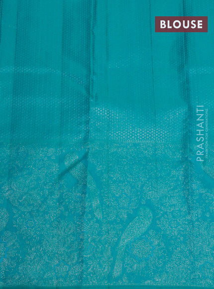 Pure kanjivaram tissue silk saree teal blue and cs blue with allover silver zari weaves and long silver zari woven border