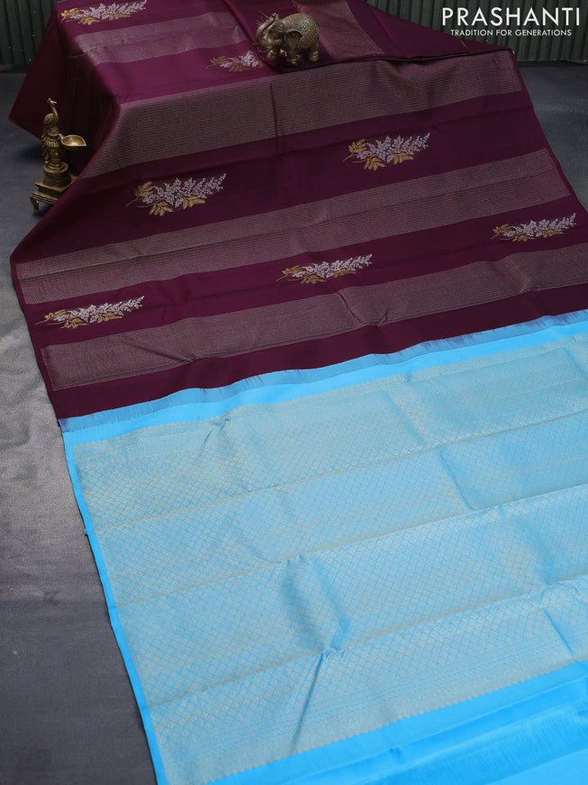 Pure kanjivaram silk saree deep wine shade and light blue with allover zari weaves & buttas in borderless style