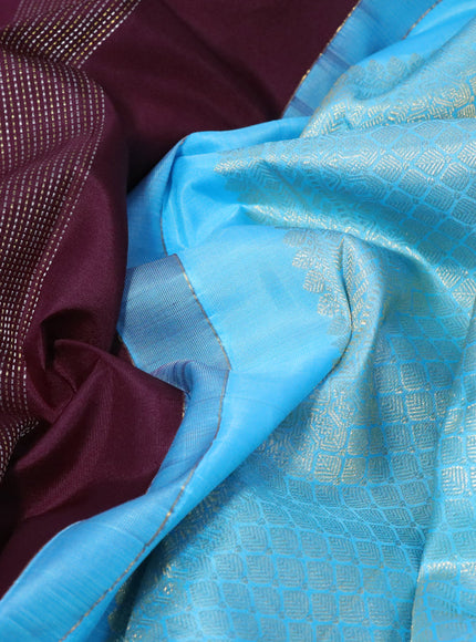 Pure kanjivaram silk saree deep wine shade and light blue with allover zari weaves & buttas in borderless style