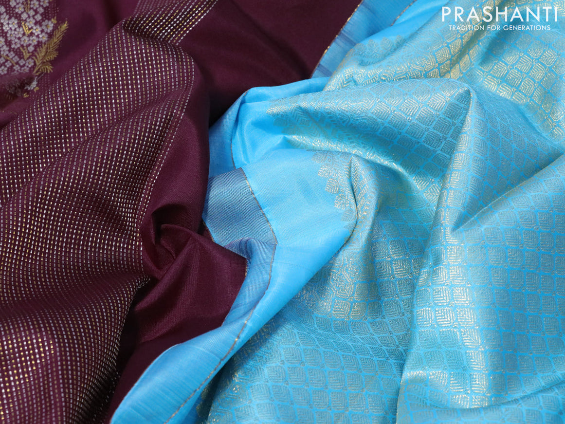 Pure kanjivaram silk saree deep wine shade and light blue with allover zari weaves & buttas in borderless style