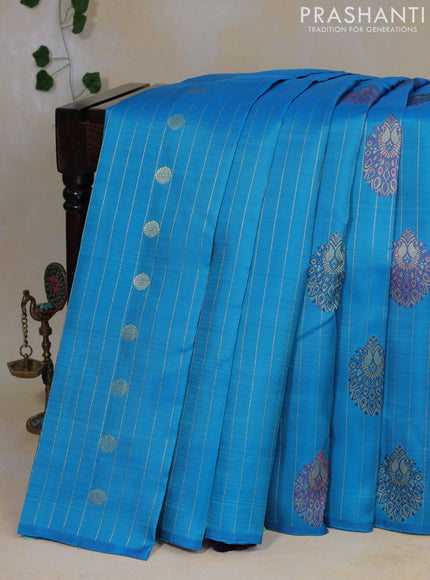 Pure kanjivaram silk saree cs blue and dark blue with allover zari weaves & buttas in borderless style