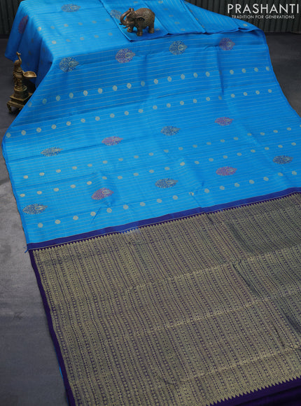 Pure kanjivaram silk saree cs blue and dark blue with allover zari weaves & buttas in borderless style