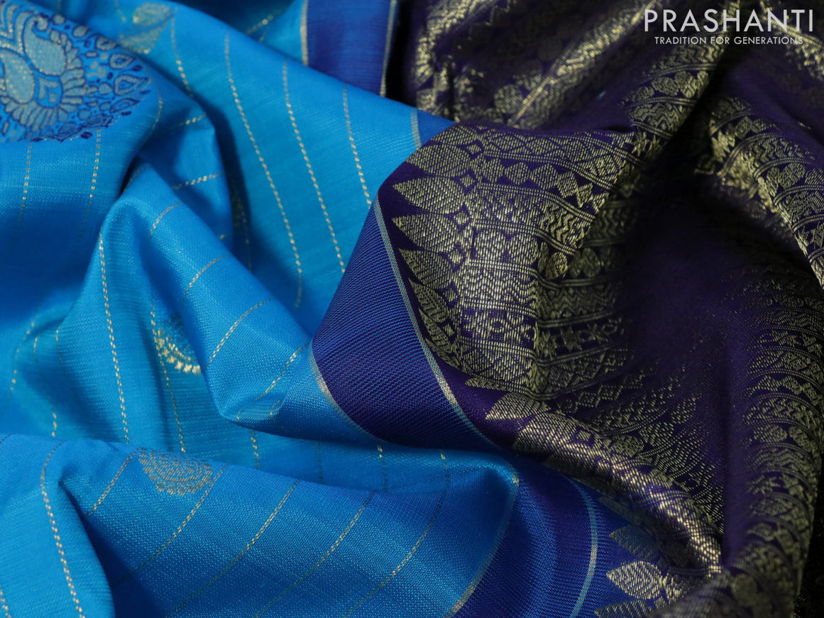 Pure kanjivaram silk saree cs blue and dark blue with allover zari weaves & buttas in borderless style