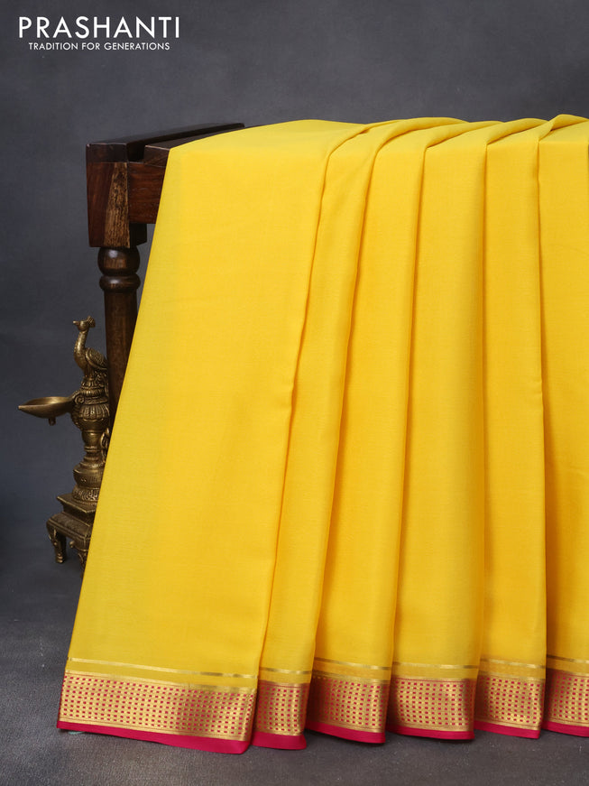 Pure mysore silk saree lime yellow and magenta pink with plain body and zari woven border