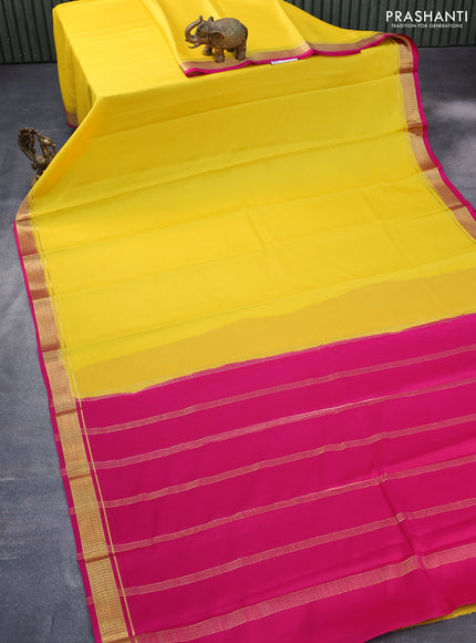 Pure mysore silk saree lime yellow and magenta pink with plain body and zari woven border