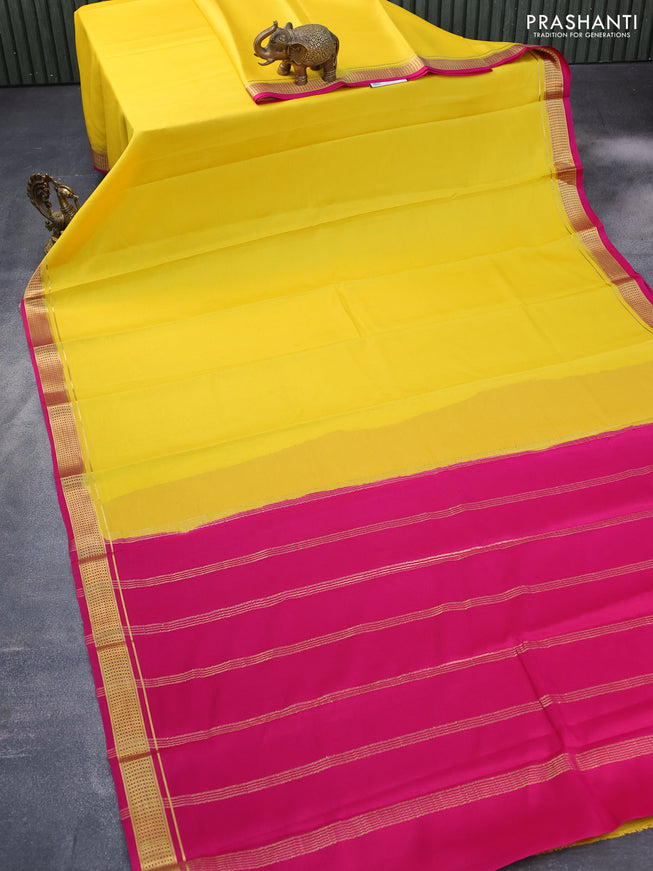 Pure mysore silk saree lime yellow and magenta pink with plain body and zari woven border