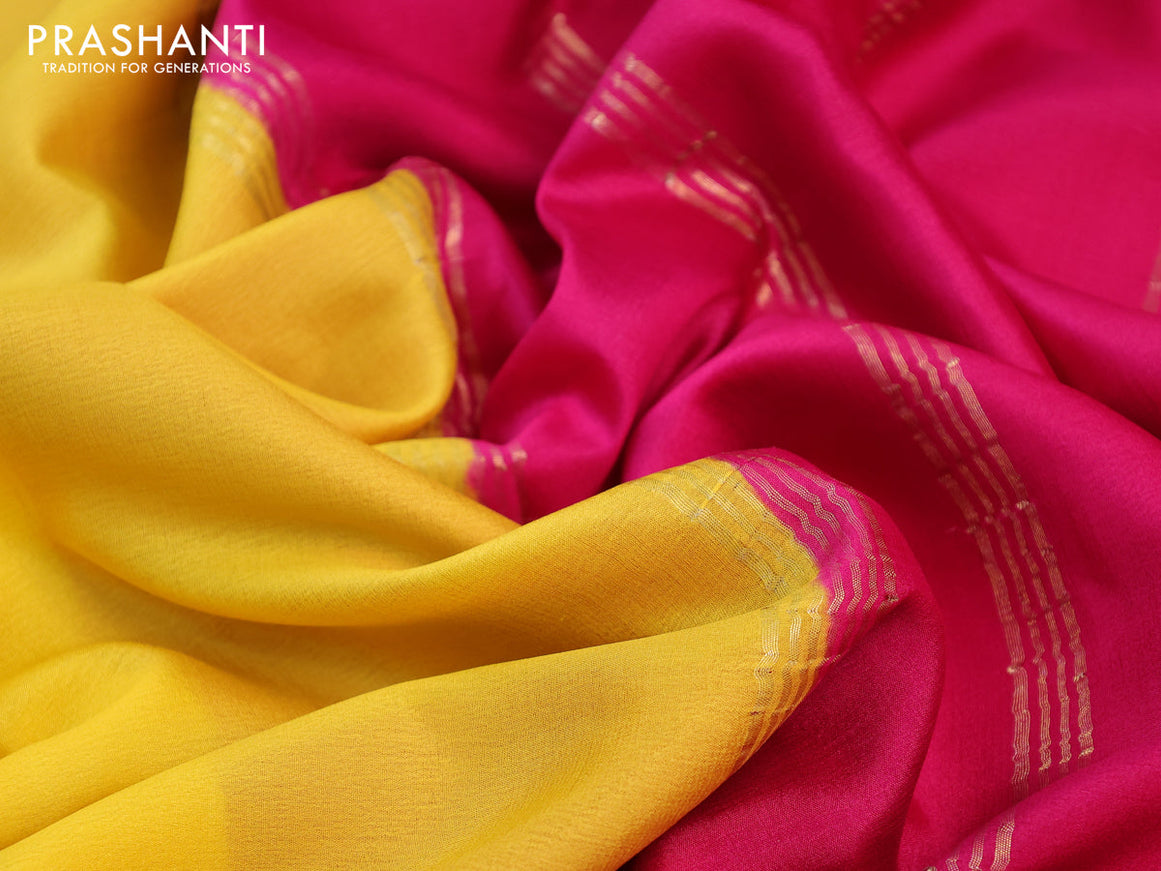 Pure mysore silk saree lime yellow and magenta pink with plain body and zari woven border