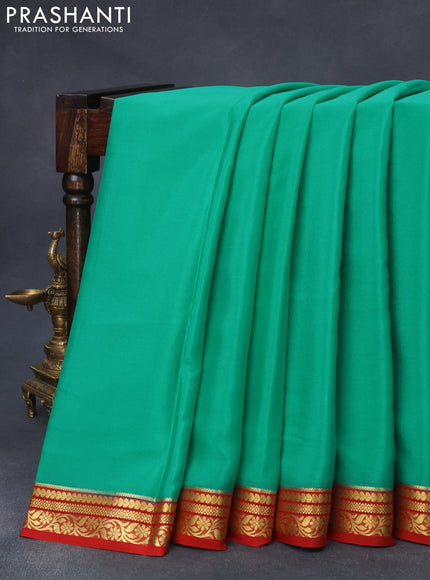 Pure mysore silk saree teal green and red with plain body and zari woven border