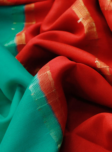 Pure mysore silk saree teal green and red with plain body and zari woven border