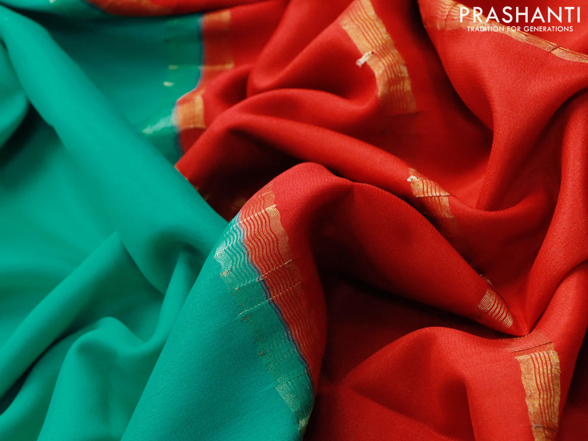 Pure mysore silk saree teal green and red with plain body and zari woven border