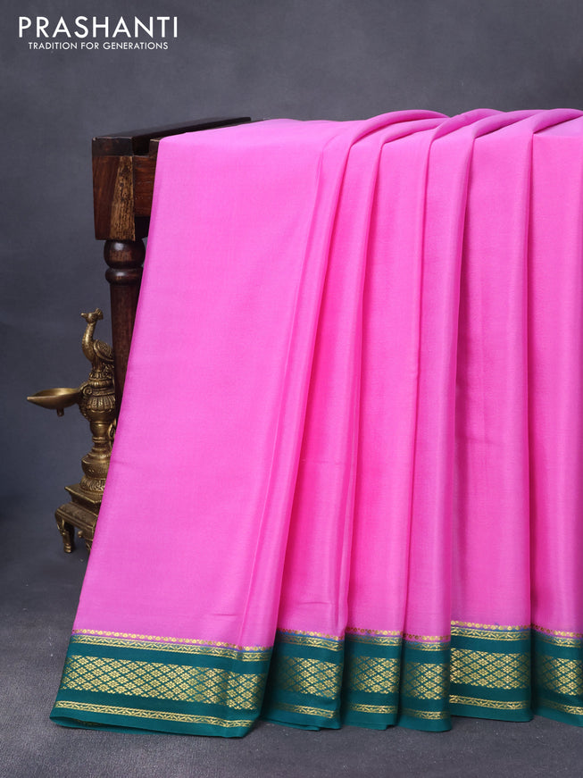 Pure mysore silk saree light pink and peacock green with plain body and zari woven border