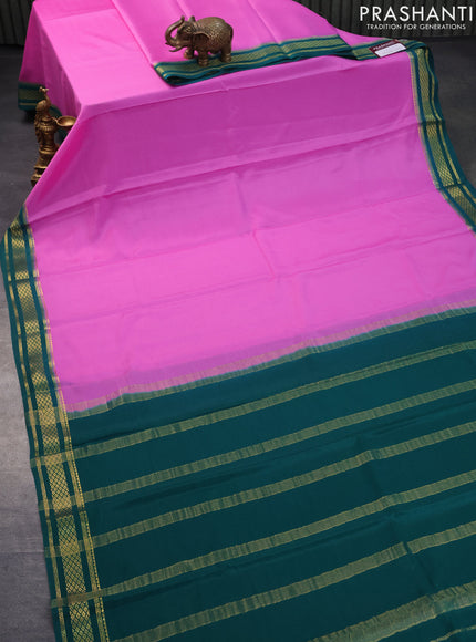 Pure mysore silk saree light pink and peacock green with plain body and zari woven border