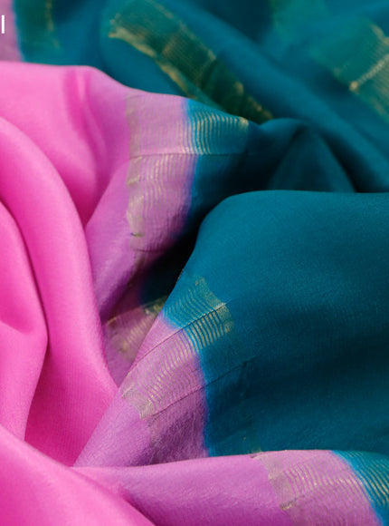 Pure mysore silk saree light pink and peacock green with plain body and zari woven border