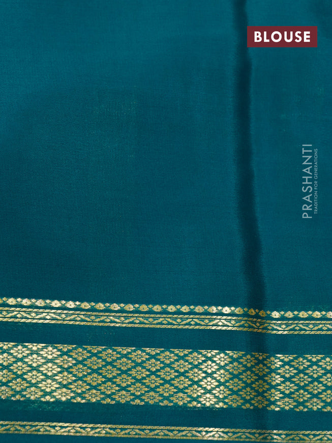 Pure mysore silk saree light pink and peacock green with plain body and zari woven border