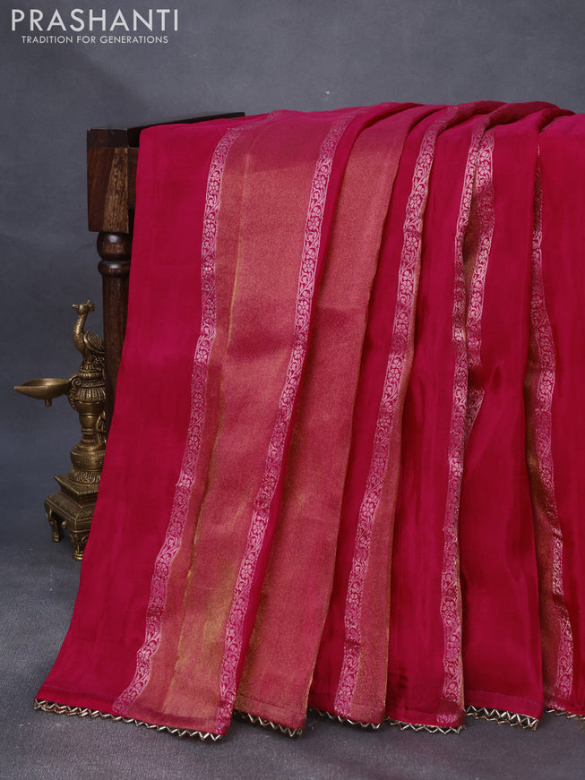 Satin crepe silk saree pink and bottle green with allover zari weaves and beaded work border