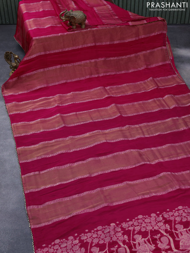 Satin crepe silk saree pink and bottle green with allover zari weaves and beaded work border