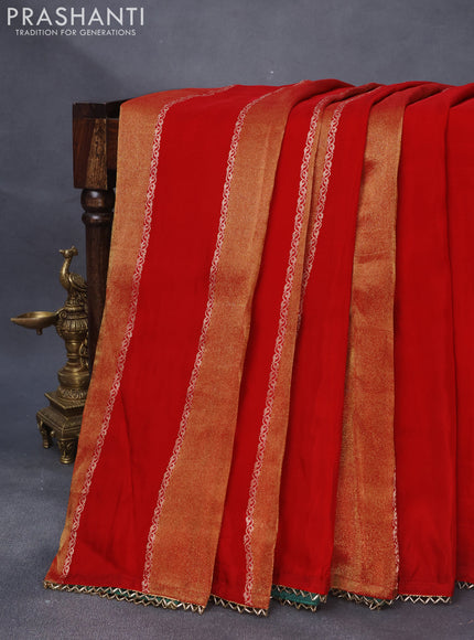 Satin crepe silk saree red and dark green with allover zari weaves and beaded work border