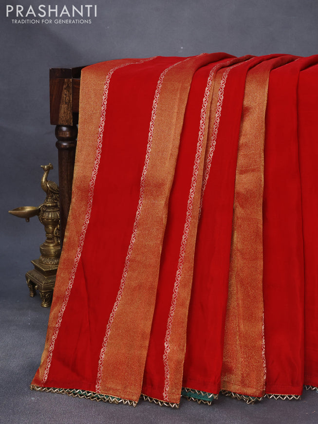 Satin crepe silk saree red and dark green with allover zari weaves and beaded work border