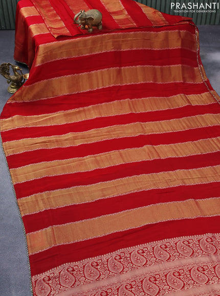 Satin crepe silk saree red and dark green with allover zari weaves and beaded work border