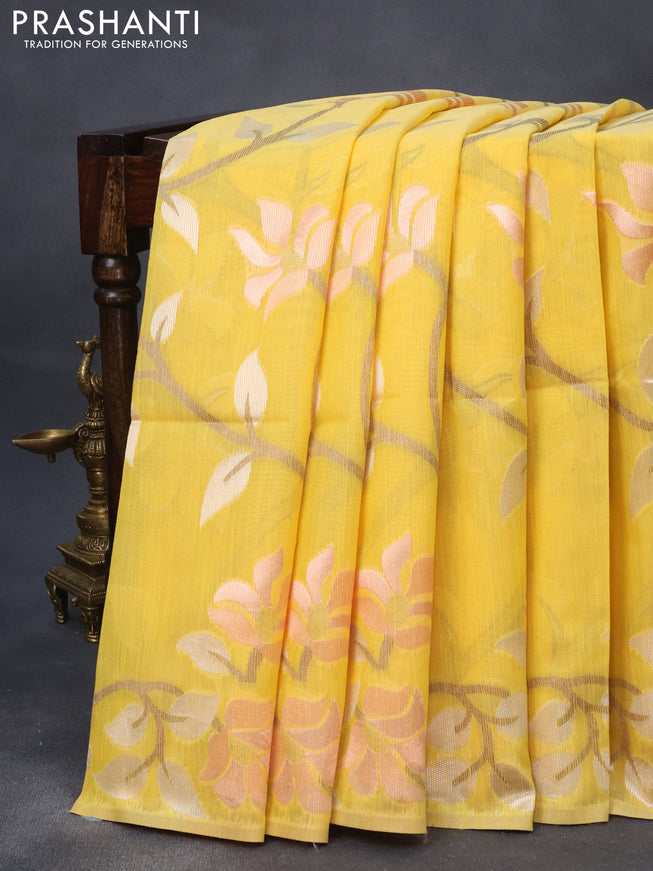 Semi linen saree yellow with allover thread & zari woven floral weaves and woven border