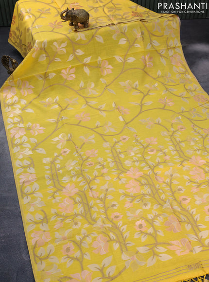 Semi linen saree yellow with allover thread & zari woven floral weaves and woven border