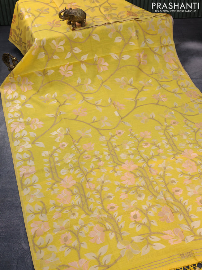 Semi linen saree yellow with allover thread & zari woven floral weaves and woven border