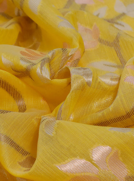 Semi linen saree yellow with allover thread & zari woven floral weaves and woven border