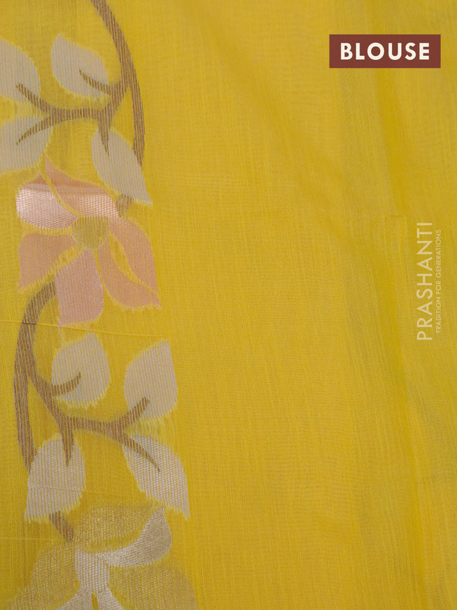 Semi linen saree yellow with allover thread & zari woven floral weaves and woven border