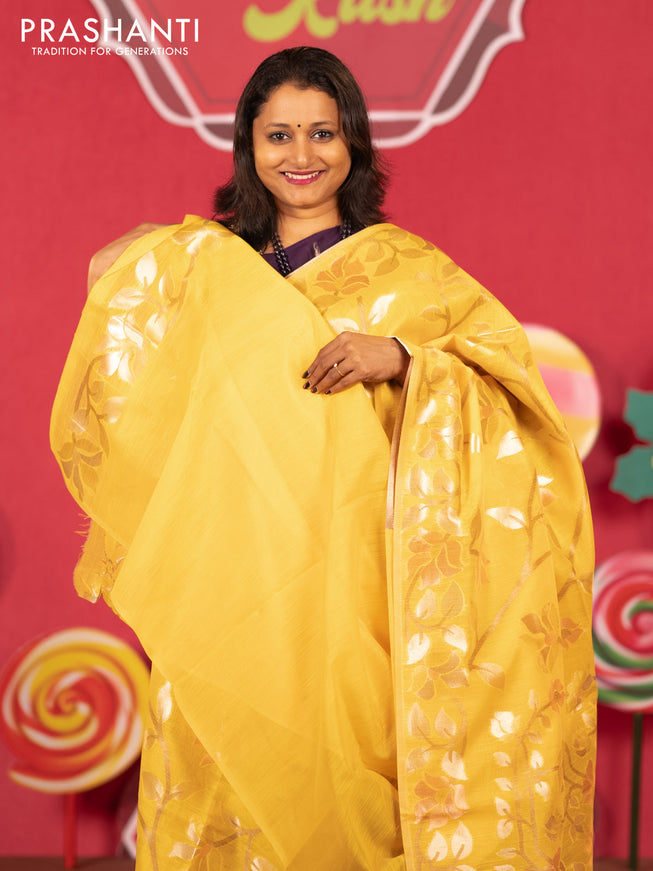 Semi linen saree yellow with allover thread & zari woven floral weaves and woven border