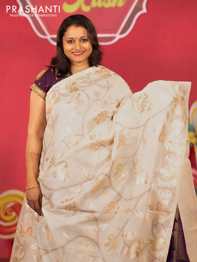 Semi linen saree cream with allover thread & zari woven floral weaves and woven border