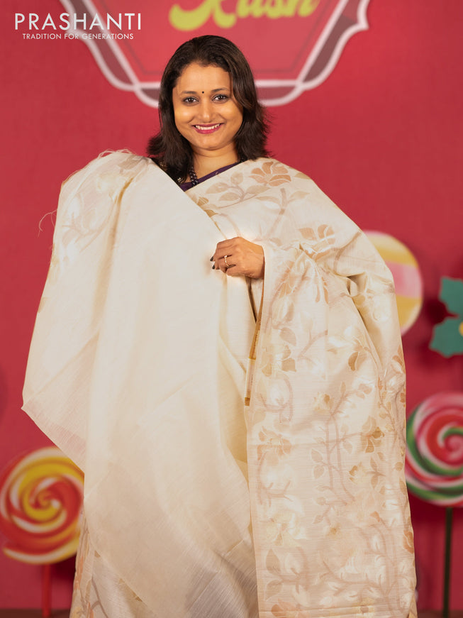 Semi linen saree cream with allover thread & zari woven floral weaves and woven border