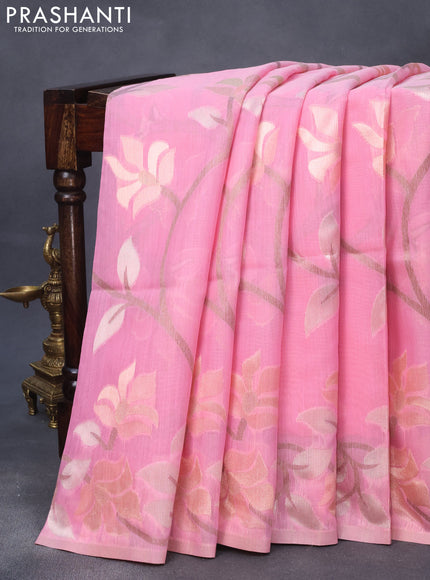 Semi linen saree light pink with allover thread & zari woven floral weaves and woven border