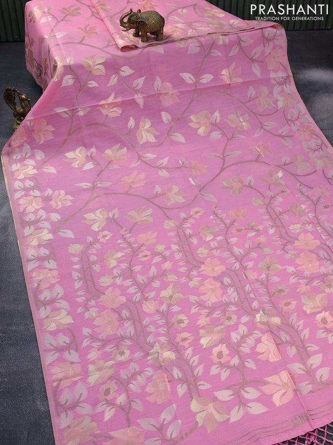 Semi linen saree light pink with allover thread & zari woven floral weaves and woven border