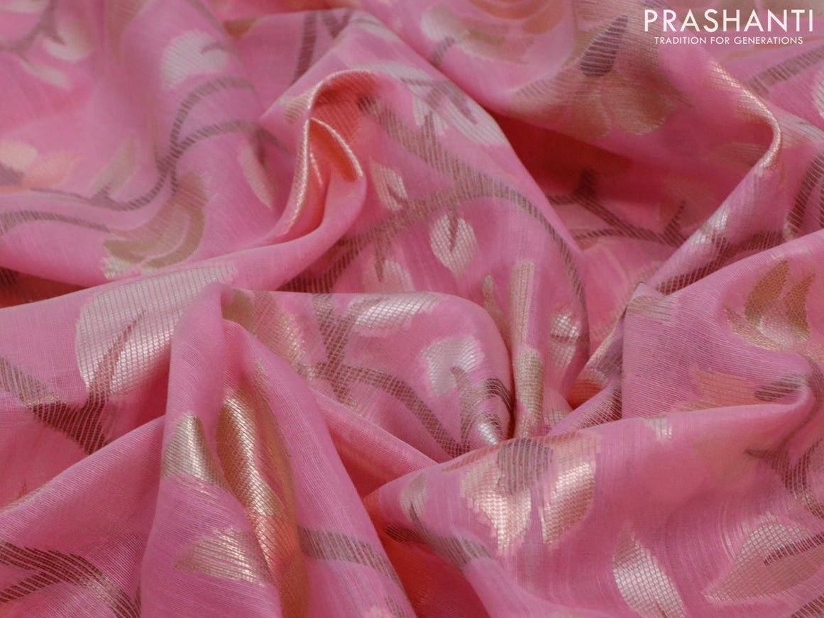 Semi linen saree light pink with allover thread & zari woven floral weaves and woven border