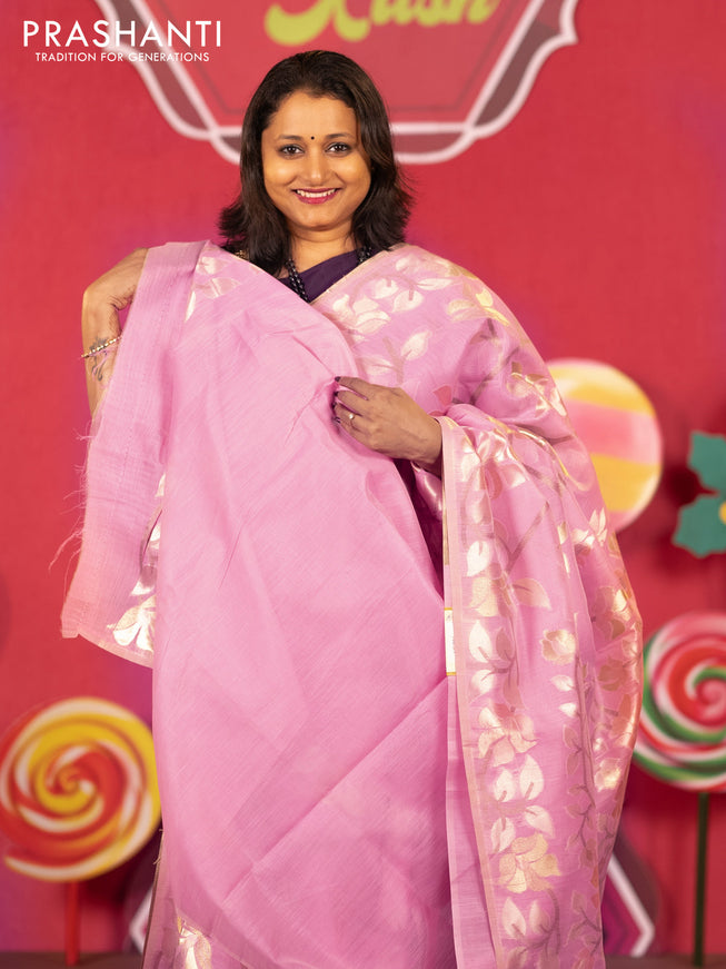 Semi linen saree light pink with allover thread & zari woven floral weaves and woven border