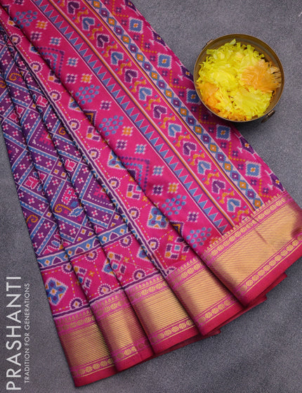 Semi tussar saree deep purple and pink with allover ikat prints and zari woven border