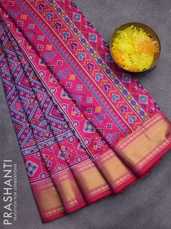 Semi tussar saree deep purple and pink with allover ikat prints and zari woven border